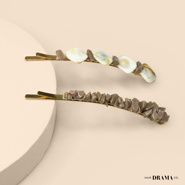 Marble Hair Pins - Set of 2 - Brown