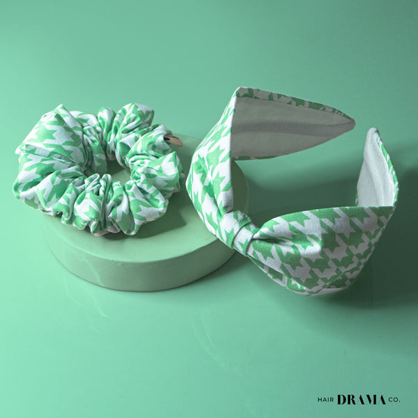 Houndstooth Headband & Scrunchie Set - Green