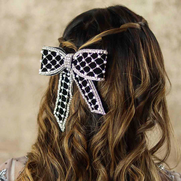 Embellished Velvet Hair Bow Barrette Clip - Black