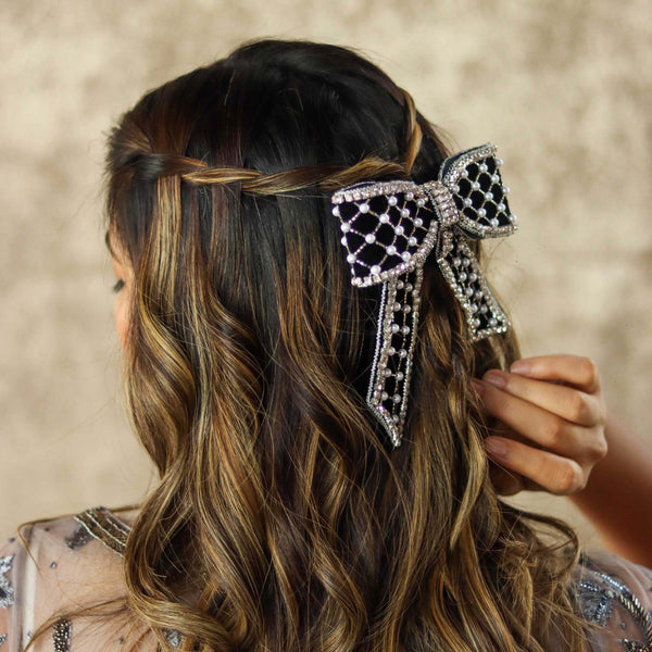 Embellished Velvet Hair Bow Barrette Clip - Black