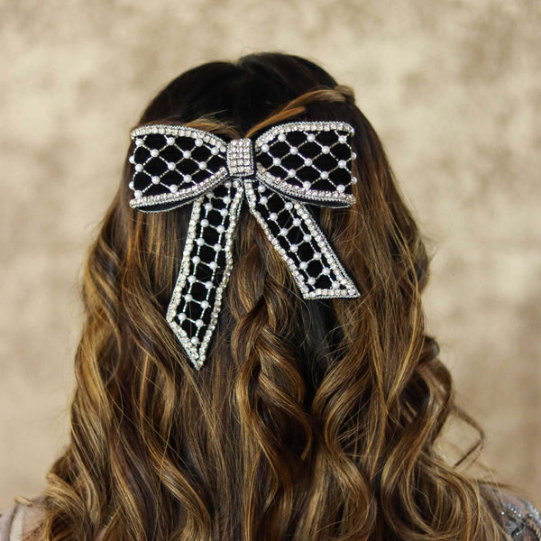 Embellished Velvet Hair Bow Barrette Clip - Black