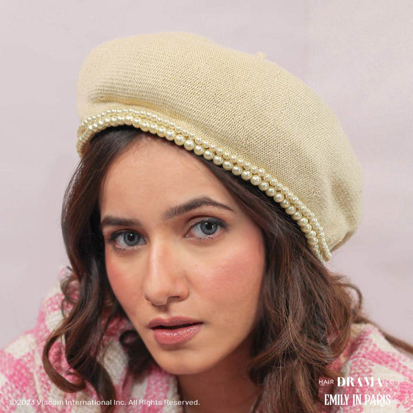 HDC X Emily In Paris Off-White Beret with Pearl Embellishment