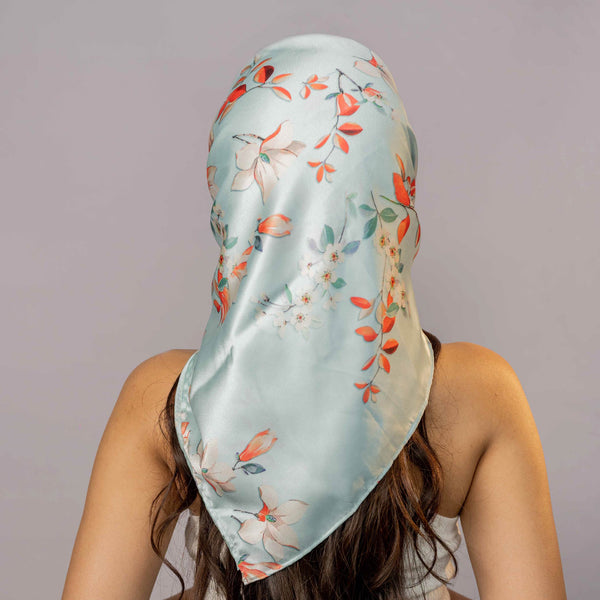 Blue Floral Satin Bandana Scarf