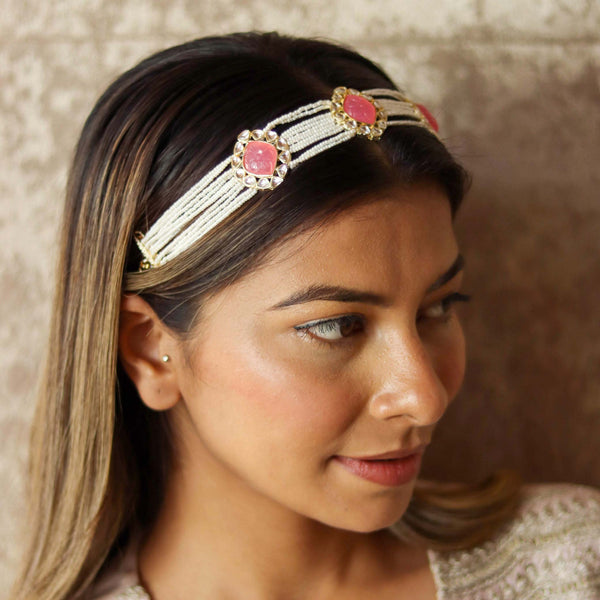 Gold Plated Hair Band with White Polki, Pearls and Enamel in Pink