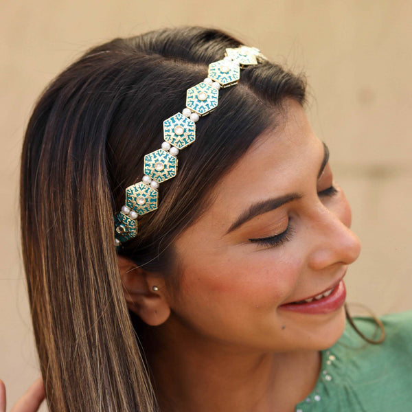 Emerald Gold Plated Hair Band with White Pearls
