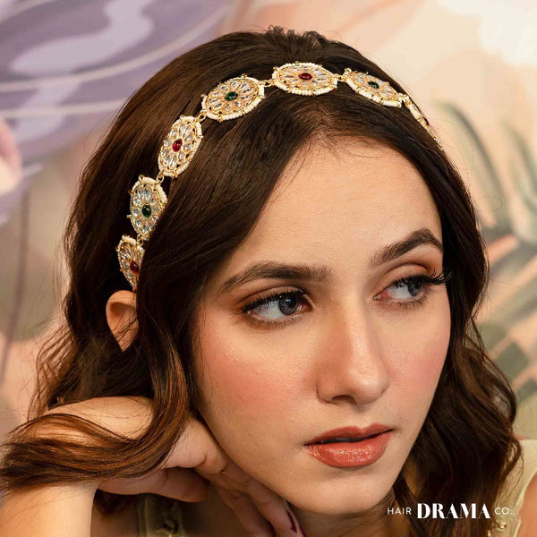 Gold Plated Floral Hair Band with White Polki and Colorful Stones - Red & Green