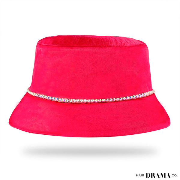Silk Satin Bucket Hat with Rhinestones - Hot Pink