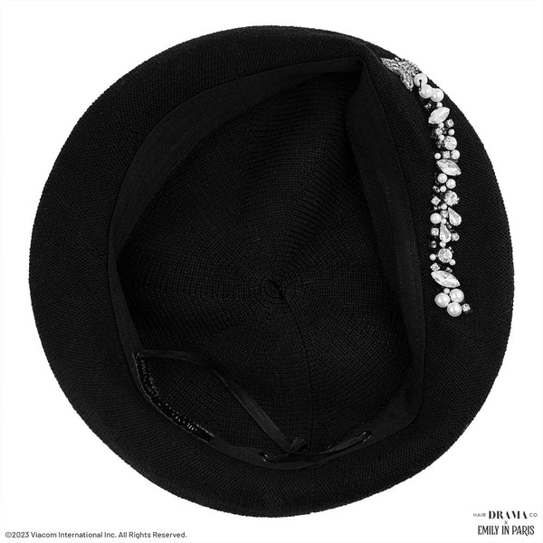 HDC X Emily In Paris Black Beret with Pearls, Crystals & Eiffel Tower Embellishment