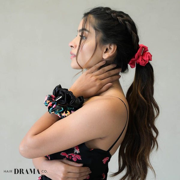 Fushcia Printed Satin Scrunchies - Set of 3