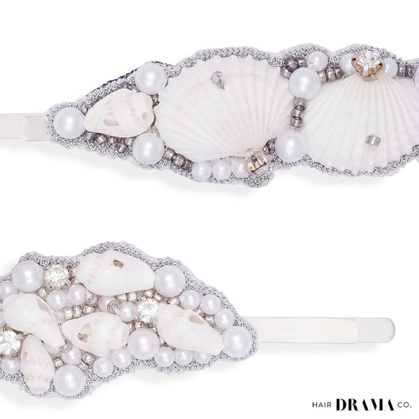 Shell & Pearl Embellished Hair Pins - Set of 2 - Silver