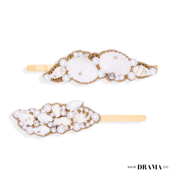 Shell & Pearl Embellished Hair Pins - Set of 2 - Gold