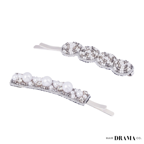 Pearl Embellished Hair Pins - Set of 2 - Silver