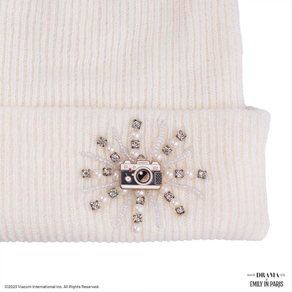 HDC X Emily In Paris White Beanie with Pearls, Crystals & Camera Charm