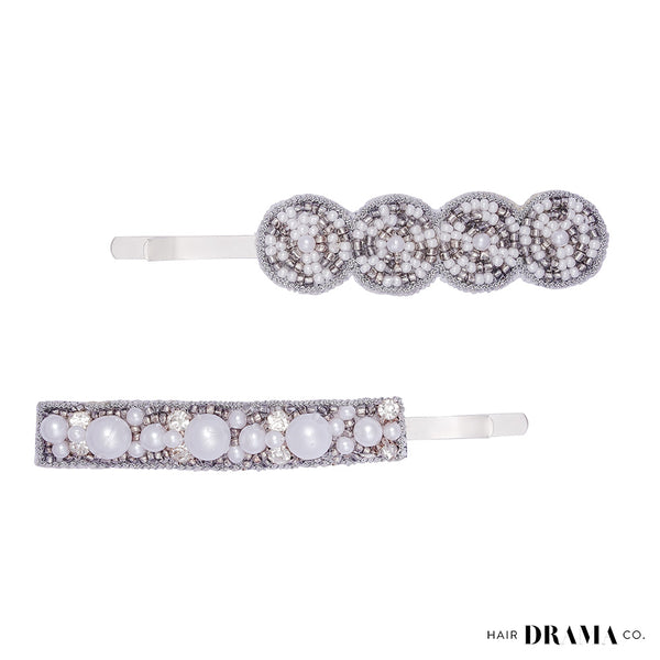 Pearl Embellished Hair Pins - Set of 2 - Silver