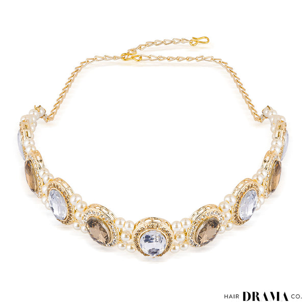 Gold Plated Hair Band for Women with Pearls and Crystals - Champagne