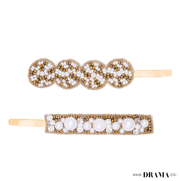 Pearl Embellished Hair Pins - Set of 2 - Gold