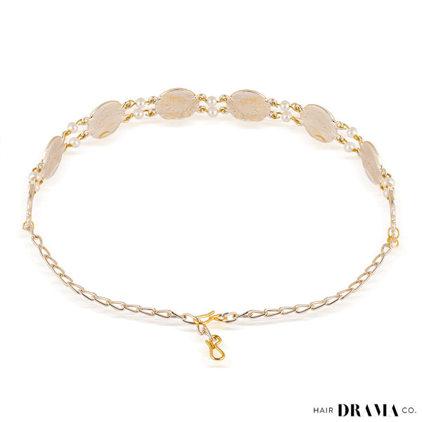 Gold Plated Hair Band for Women with Pearls and Enamel - Green and Red