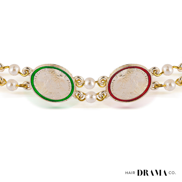 Gold Plated Hair Band for Women with Pearls and Enamel - Green and Red
