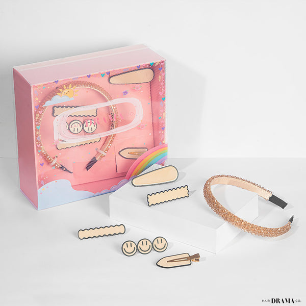 HDC 6 pieces Hair Accessories Gift Set with 1 Crystal Beaded Hair Band, 5 Alligator Hair Pins - Beige Neutral