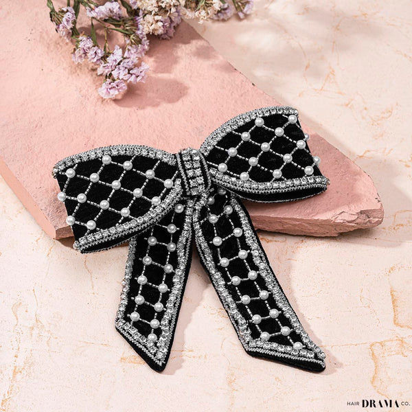 Embellished Velvet Hair Bow Barrette Clip - Black