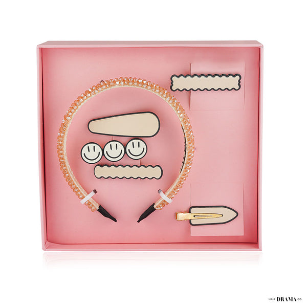 HDC 6 pieces Hair Accessories Gift Set with 1 Crystal Beaded Hair Band, 5 Alligator Hair Pins - Beige Neutral