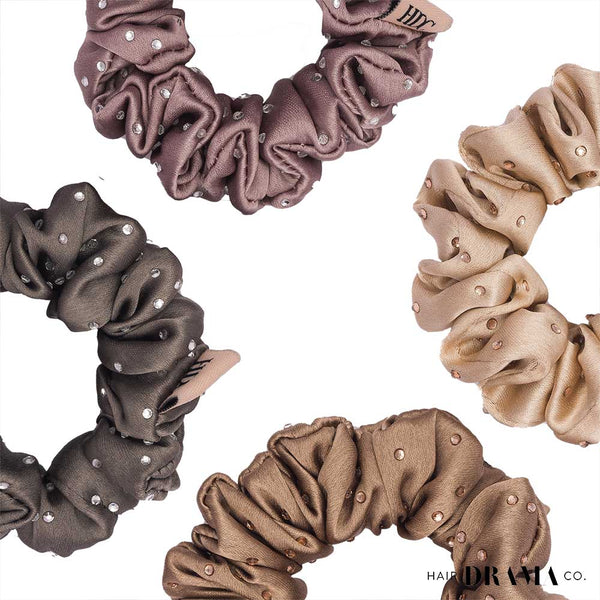 Luxury Scrunchies Set of 4 with Free Pouch - Neutral Crystal Gift Set