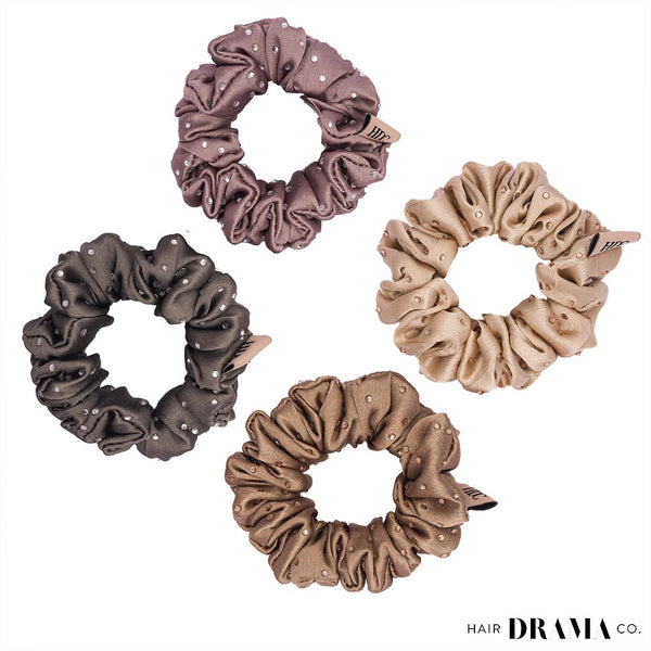 Luxury Scrunchies Set of 4 with Free Pouch - Neutral Crystal Gift Set