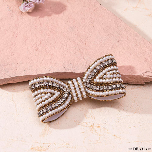 Embellished Hair Bow Alligator Clip - Gold