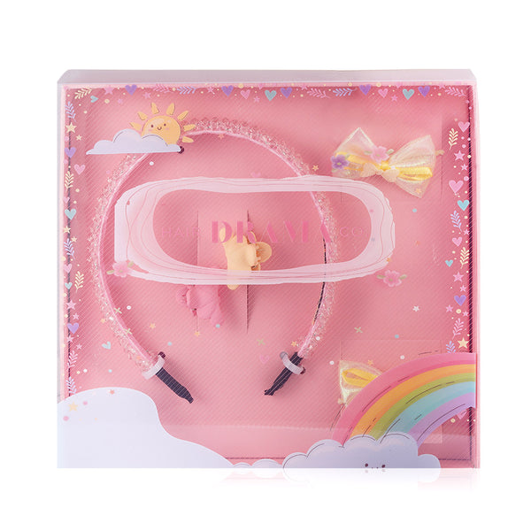 HDC 5 pieces Hair Accessories Gift Set with 1 Crystal Beaded Hair Band, 2 Bow Hair Ties & 2 Mini Clamps - Pink