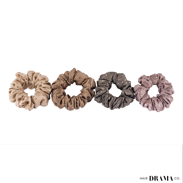 Luxury Scrunchies Set of 4 with Free Pouch - Neutral Crystal Gift Set