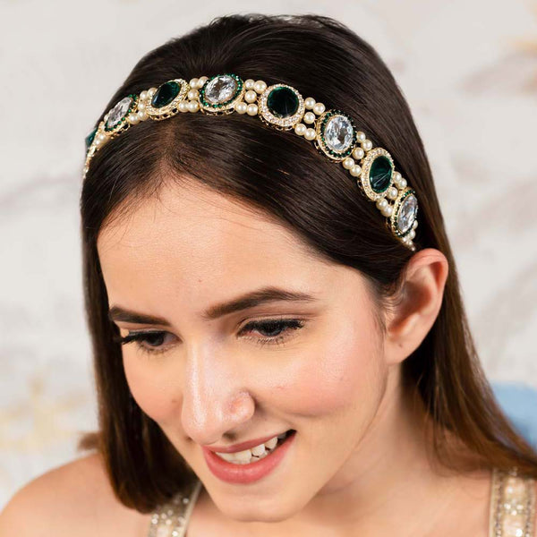 Gold Plated Hair Band for Women with Pearls and Crystals - Green