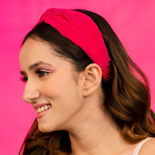 Pleated Satin Hair Band for Women - Hot Pink