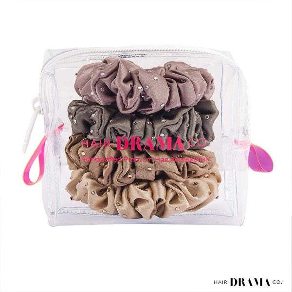 Luxury Scrunchies Set of 4 with Free Pouch - Neutral Crystal Gift Set