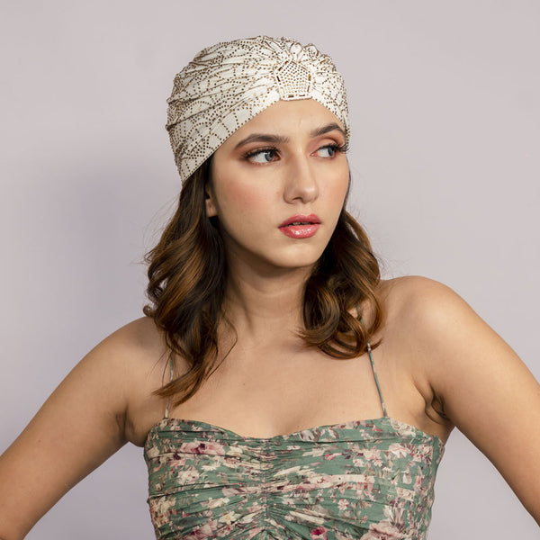 Off - White Turban - Golden Crystals