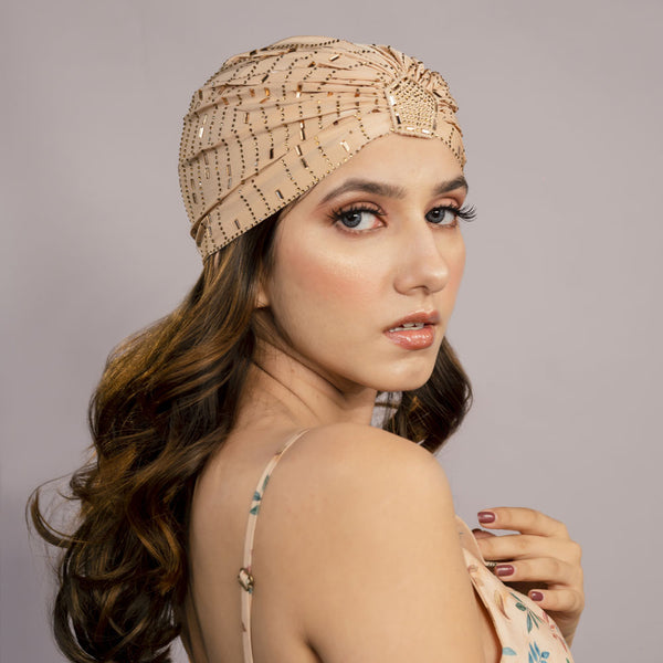 Beige Turban - Golden Crystals