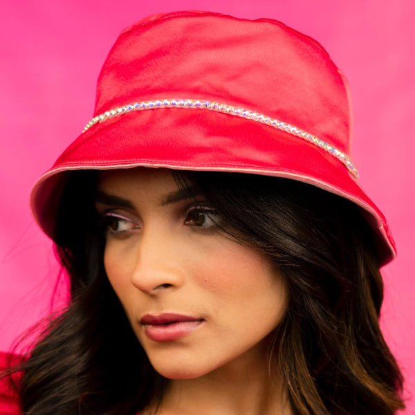 Silk Satin Bucket Hat with Rhinestones - Hot Pink