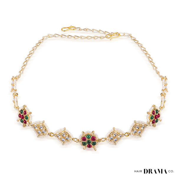 Gold Plated Hair Band for Women with Pearls and Polki - Red, White and Green