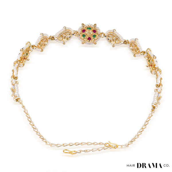 Gold Plated Hair Band for Women with Pearls and Polki - Red, White and Green