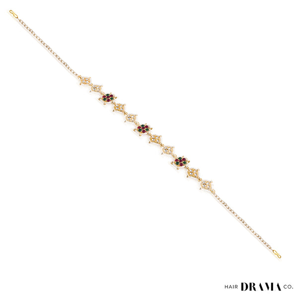 Gold Plated Hair Band for Women with Pearls and Polki - Red, White and Green