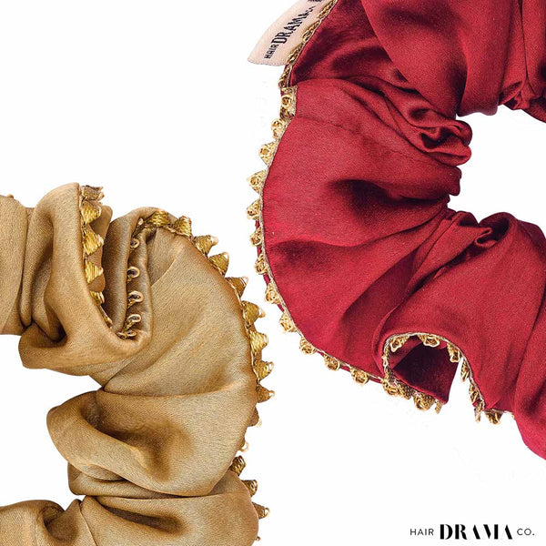 Set of 2 Silk Satin Scrunchies with Gota Patti - Red & Beige
