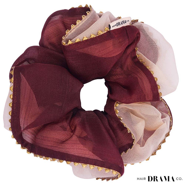 Oversized Dual color Organza Scrunchy with Gota Patti - Red & Beige