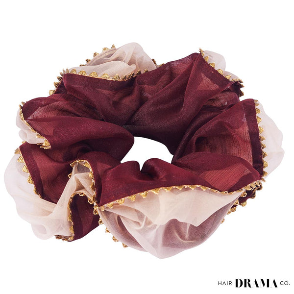 Oversized Dual color Organza Scrunchy with Gota Patti - Red & Beige