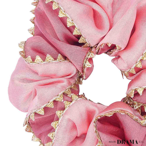 Large Dual color Silk Satin Scrunchy with Gota Patti - Pink & Peach