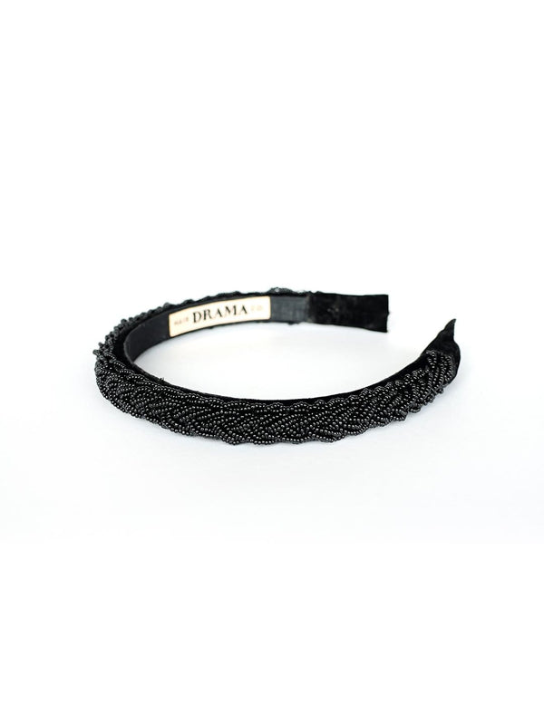 SLEEK BLACK HEADBAND WITH BEAD EMBELLISHMENT