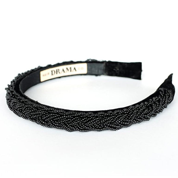 SLEEK BLACK HEADBAND WITH BEAD EMBELLISHMENT