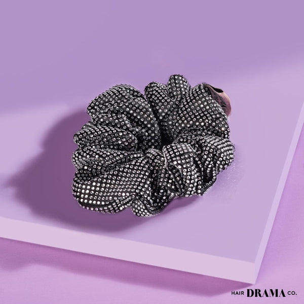 Black Scrunchie - Silver Crystals (Hot Fix)