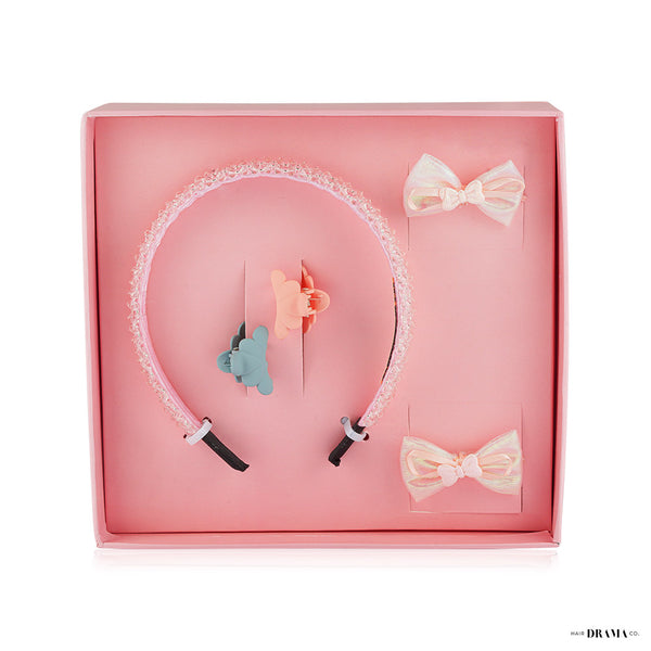 HDC 5 pieces Hair Accessories Gift Set with 1 Crystal Beaded Hair Band, 2 Bow Hair Ties & 2 Mini Clamps - Pink