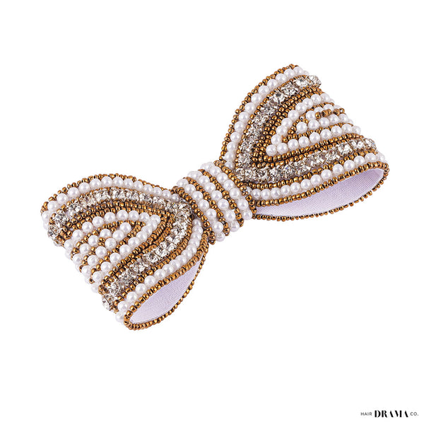 Embellished Hair Bow Alligator Clip - Gold
