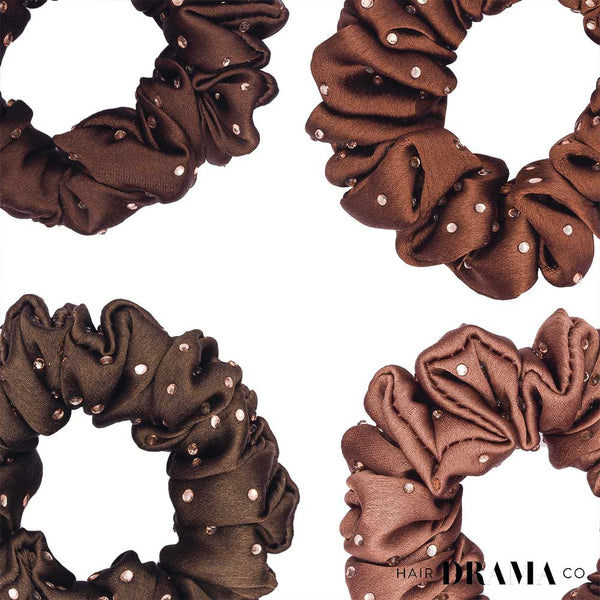Luxury Scrunchies Set of 4 with Free Pouch - Brown Crystal Gift Set