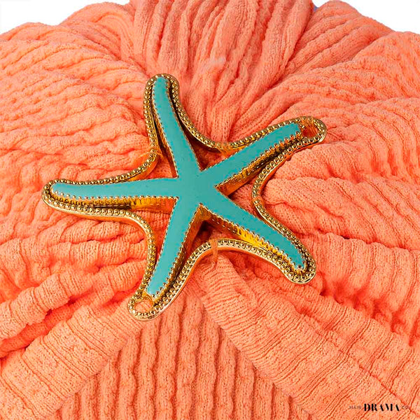 Neon Orange Ribbed Turban with Starfish Metal Broach
